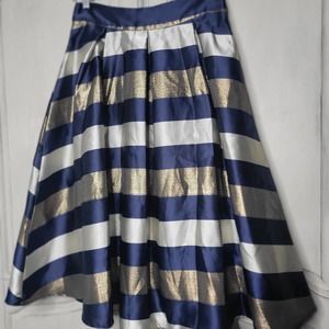 Lulu's Metallic Navy Striped Pleated A-Line Full Flare Satin Midi Skirt✨️sz S